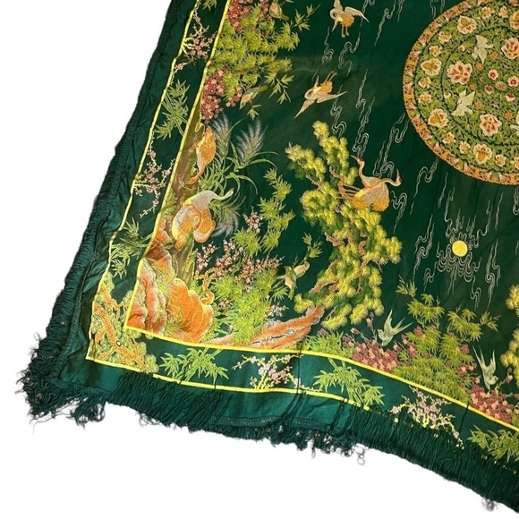 Vintage Brocaded Flowers Chinese Silk Tapestry 48" x 48" Green - Picture 7 of 11